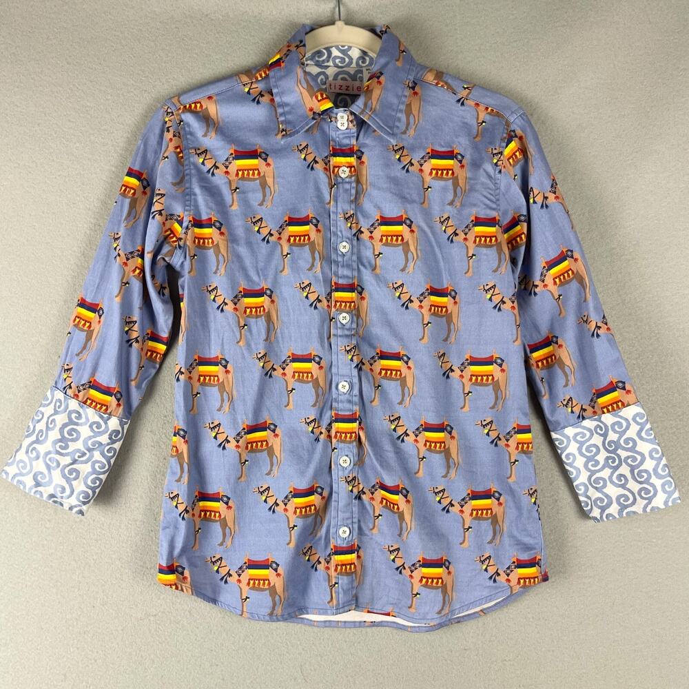 Tizzie Top Womens XS Camel Printed Button Up 3/4 Sleeve Cotton Stretch Artsy
